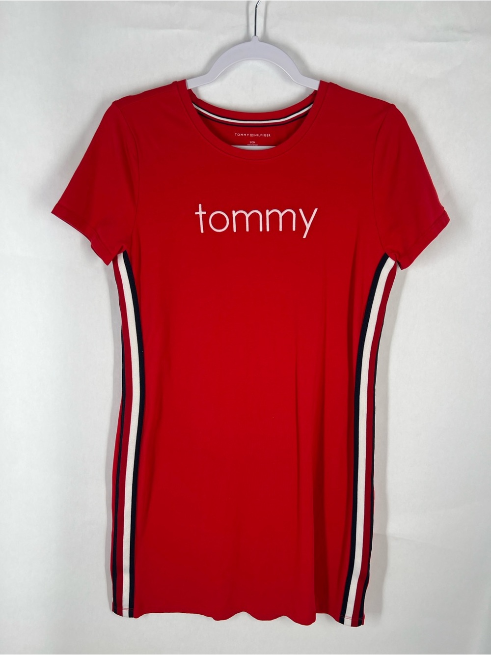 Tommy Hilfiger Red Logo T-Shirt Dress Women’s Small Side Stripe Stretch Mini